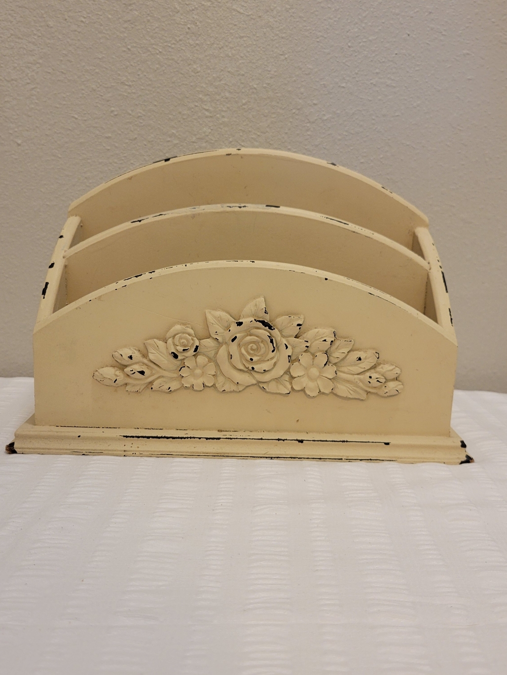 Shabby Chic Cream Wooden Mail Organizer with Floral Applique